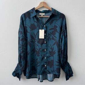 Elan Boho Oversized Botanical Button Front Blouse Smocked Sleeves Size S NWT